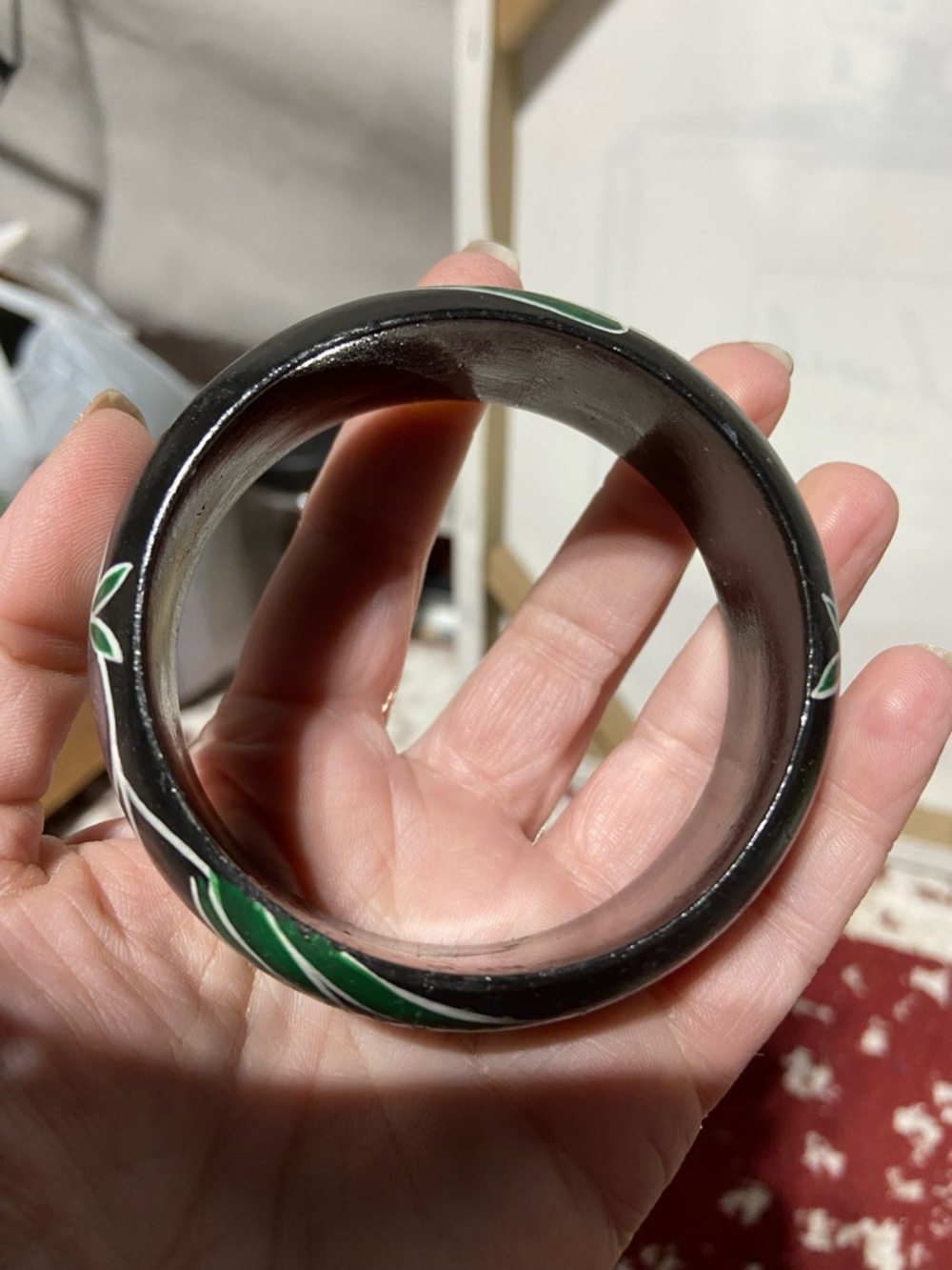 Vintage Painted Wood Bangle Bracelet Black Floral Chunky - Picture 7 of 8